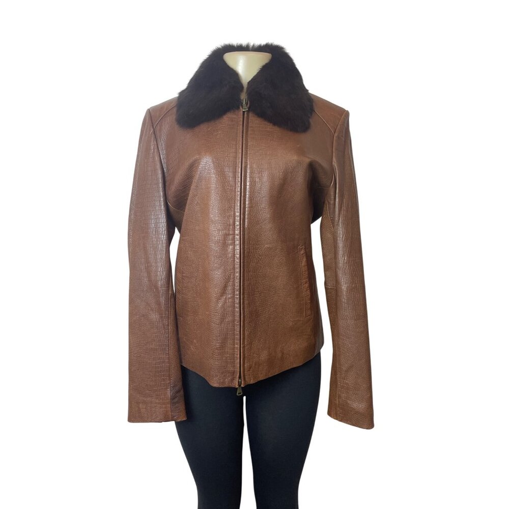 R&O Brand Women's Brown Faux Croc Leather Jacket With Faux Fur Collar